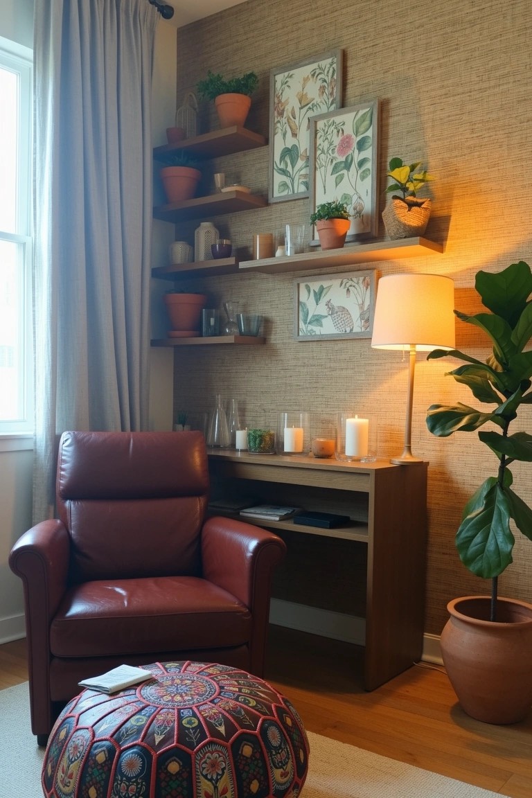 Beige grasscloth wall with wooden shelves displaying plants and framed art, next to a red leather armchair, wooden desk, fiddle leaf fig plant, and colorful pouf Ottoman.