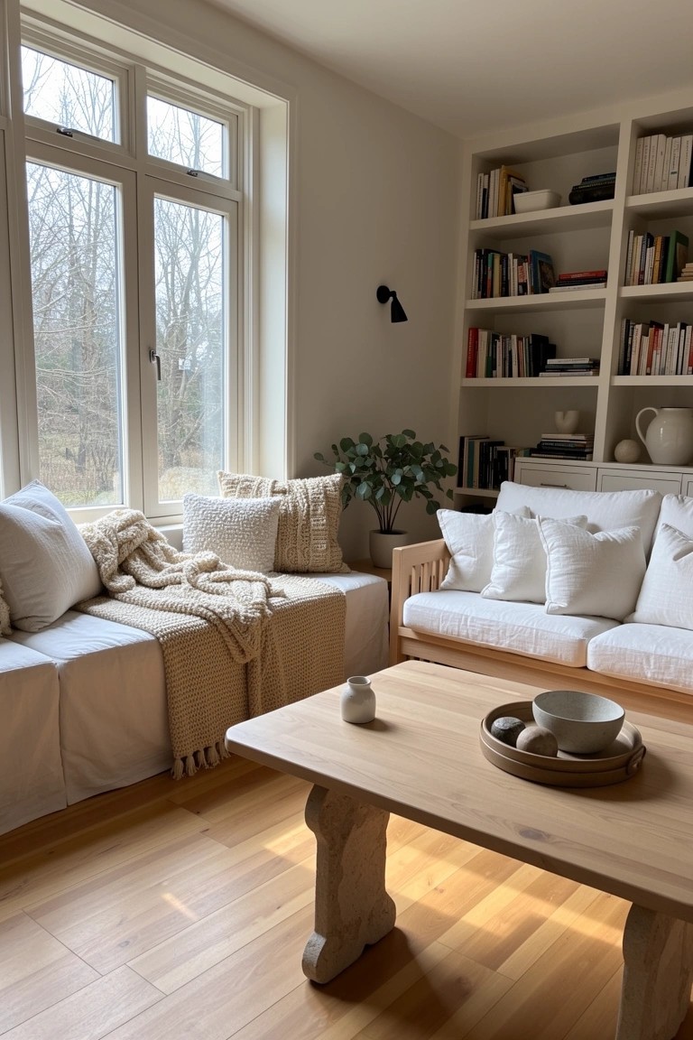 White bench by large windows layered with cream cushions and beige throw blanket, simple wooden table in foreground
