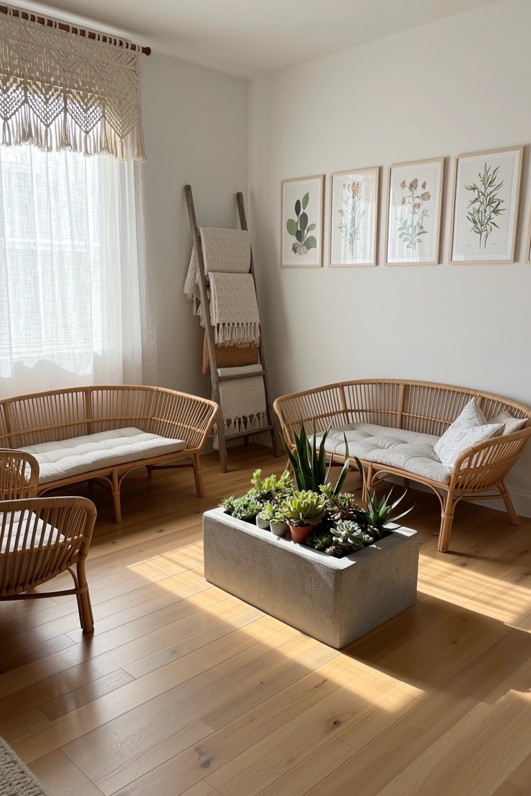 Curved rattan benches facing each other around a central concrete planter box with succulents and greenery in a light boho living room