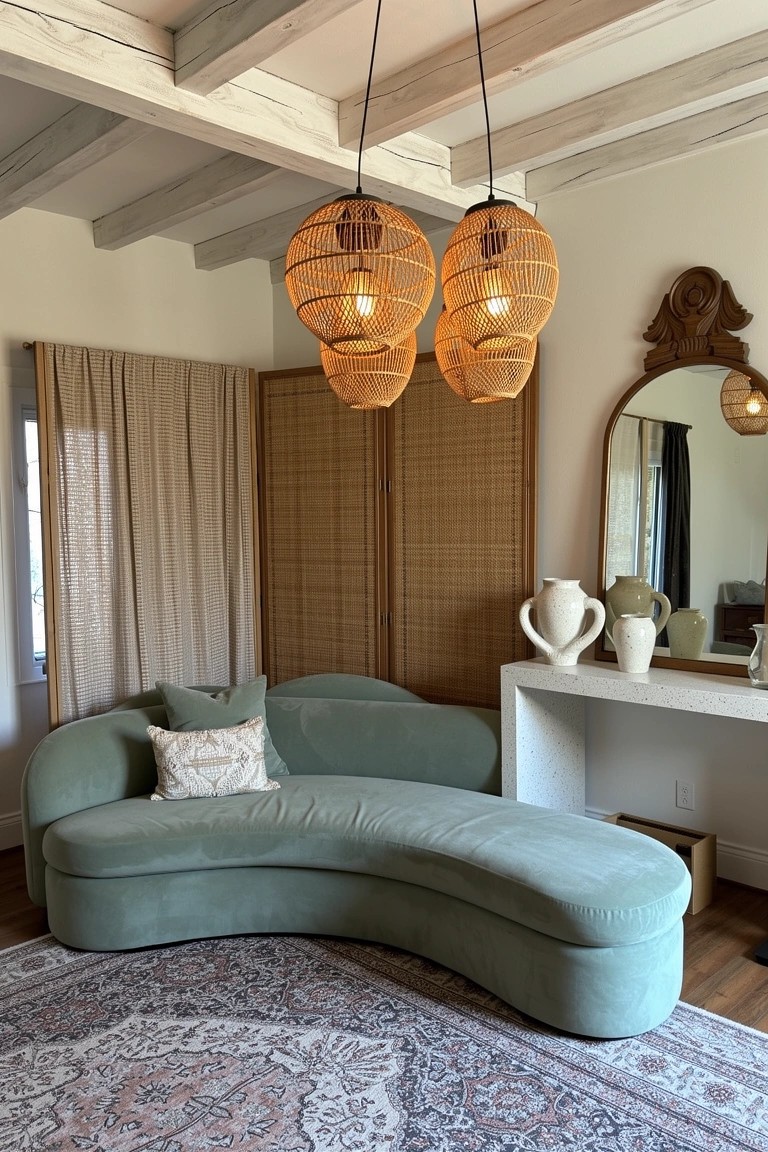 Boho living room corner with curved mint green velvet sofa on Persian rug, orange rattan pendant lights hanging above, bamboo screen, pottery on white shelf, and round mirror.