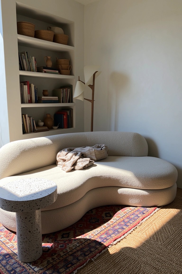 Sunny living room corner with curved cream sofa, terrazzo side table, open bookshelves with baskets, arched floor lamp, and colorful patterned rug
