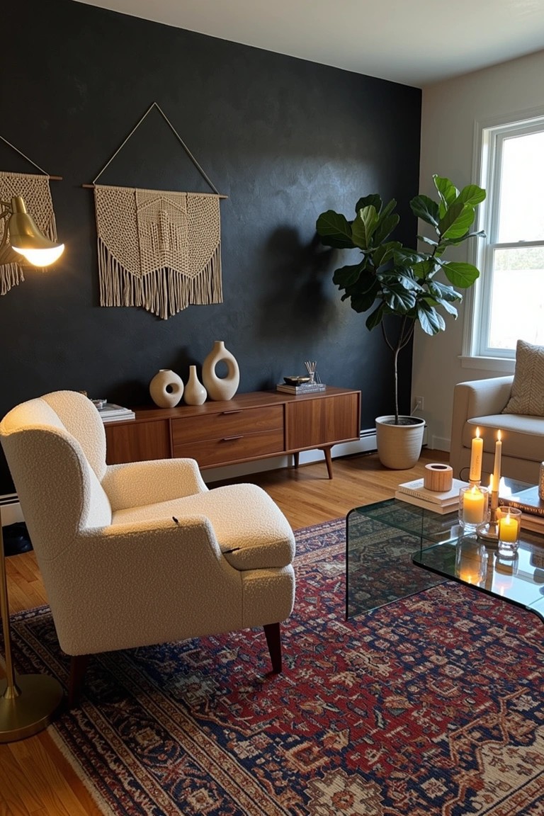 Boho living room corner featuring dark accent wall, white armchair, wooden credenza, fiddle leaf fig plant, and macrame hanging