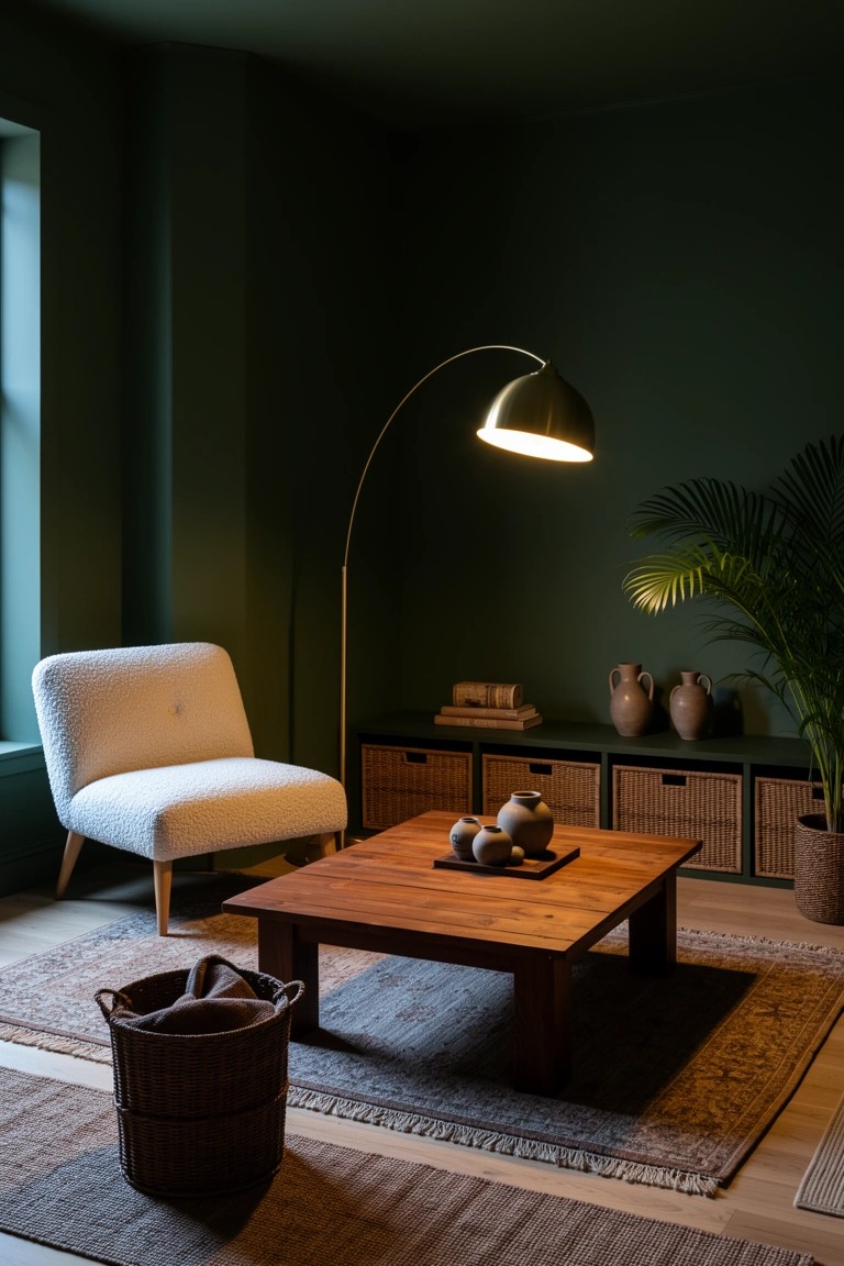 Cozy boho living room corner with deep green walls, white bouclé armchair, low wooden coffee table topped with ceramic vessels, arched floor lamp, potted palm plant, woven baskets, and low shelves with books and storage boxes on a textured rug