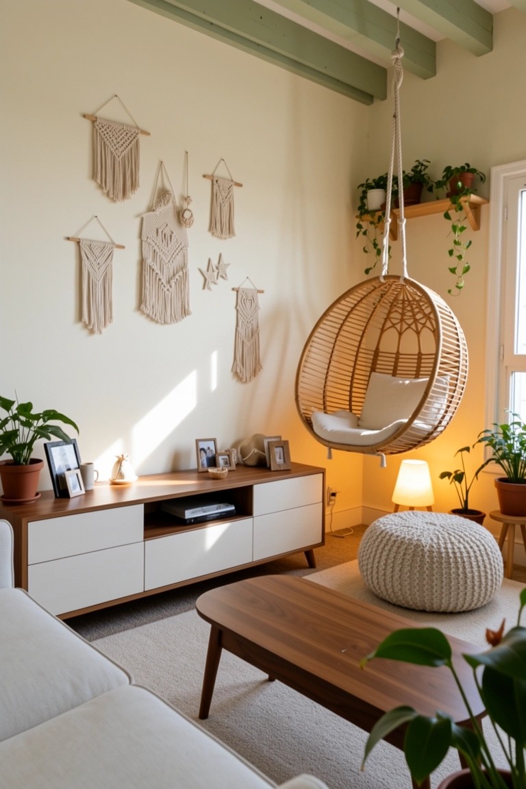 Boho living room with a woven rattan hanging egg chair, macrame wall hangings, potted plants, wooden media console, and neutral sofa