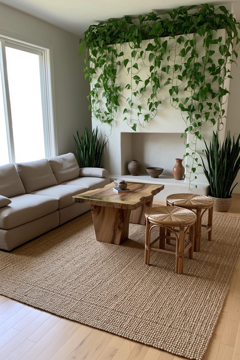 Boho living room with lush trailing plant wall behind beige sofa, wooden coffee table, rattan stools, and seagrass rug