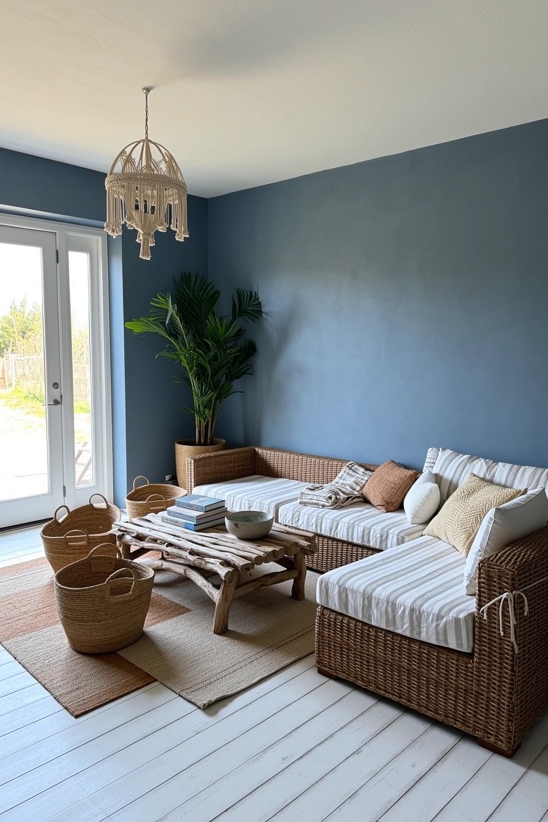 Blue living room wall with large rattan L-shaped sofa, low wooden coffee table, woven baskets, plants, and sliding glass doors to outdoors