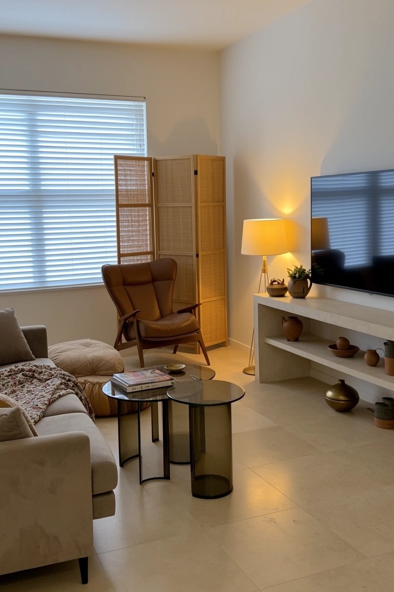 Neutral-toned living room with beige sofa, glass coffee tables, leather armchair, woven screen divider, and media console shelves holding assorted ceramic pots and vases