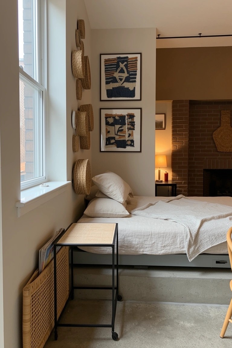 Beige bedroom corner with straw hats hung on wall next to abstract art prints, low platform bed with white bedding, black metal side table holding magazines, and brick fireplace in background