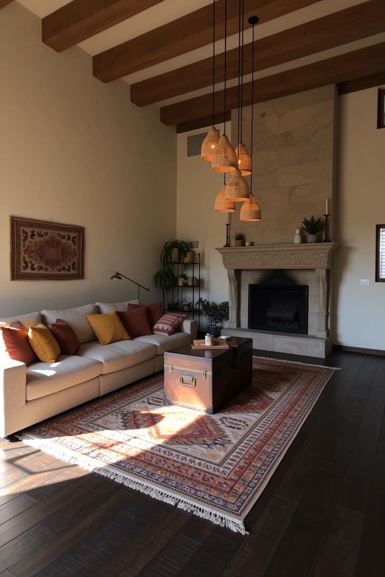 Living room with terracotta pendant lights hanging from wooden beams over a cream sofa, trunk table, and red patterned rug by a stone fireplace