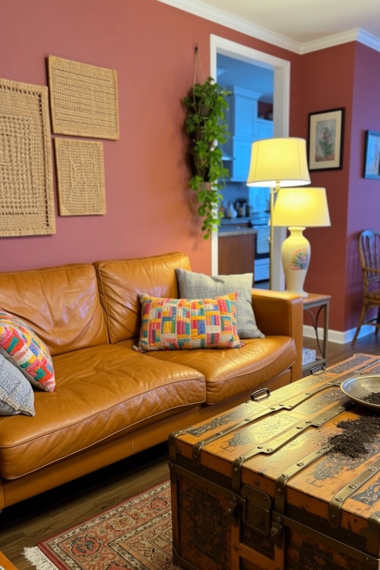 Living room with woven square hangings on pink wall, tan leather sofa, colorful pillows, vintage trunk coffee table, and trailing plant