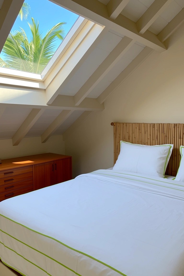 Attic bedroom featuring sloped ceilings with skylight showing palm trees, bamboo headboard, wooden dresser, and white bed with green-trimmed linens