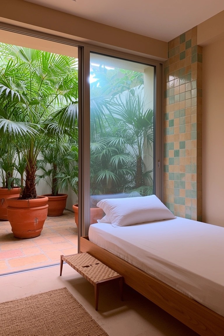 Minimalist bedroom with low wooden bed, white sheets, and sliding glass doors opening to tropical garden patio with potted palms and greenery