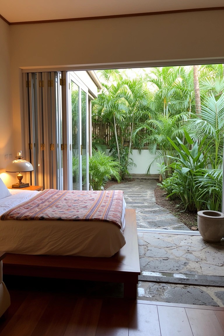 Bedroom with open sliding doors revealing lush tropical garden plants and stone path, low wooden bed in foreground