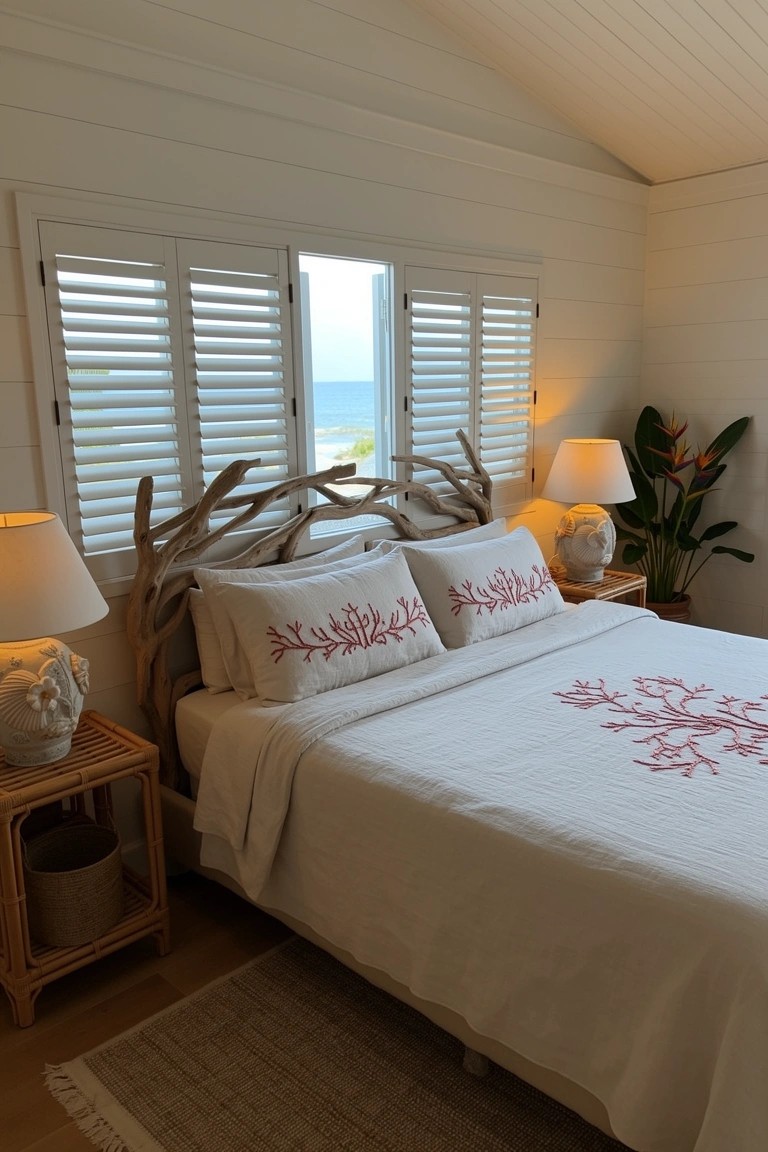 Tropical bedroom with rustic branch headboard, white quilt embroidered with red coral, rattan nightstands holding lamps, and open shutters to ocean view
