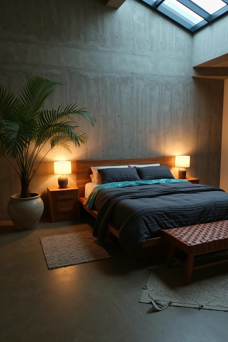 Modern tropical bedroom featuring exposed concrete walls, a tall potted palm tree, wooden platform bed with teal and gray bedding, and warm lamp light