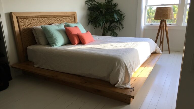 20 Fresh Tropical Bedroom Decor Ideas For A Vacation Inspired Look Bedroom with rattan headboard on light wood platform bed, pastel pillows, potted palm, and white floors