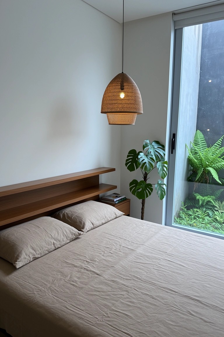 Simple bedroom with bed facing large glass door to lush green plants, wooden headboard shelf, rattan pendant light, and monstera plant nearby