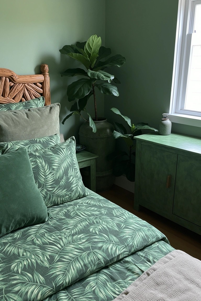 Bedroom corner with soft mint green walls, wooden bed frame, green palm leaf print duvet and pillows, green dresser, and tall fiddle leaf fig plant by window