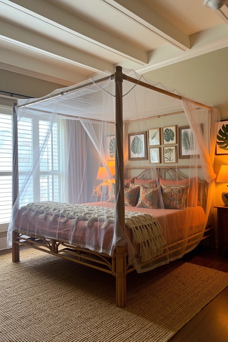 Bamboo four-poster bed with sheer white mosquito net canopy in a light tropical bedroom