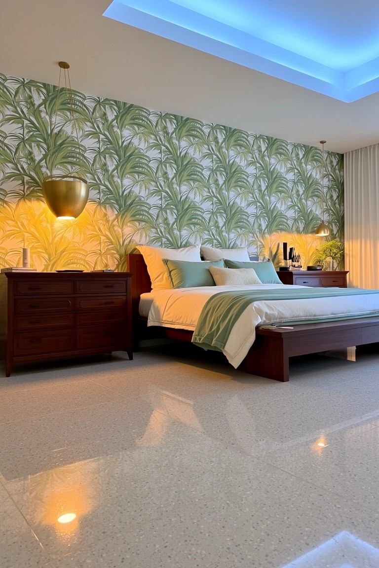 Bedroom with green palm leaf wallpaper, wooden bed with green bedding, gold lamp, and blue ceiling lights