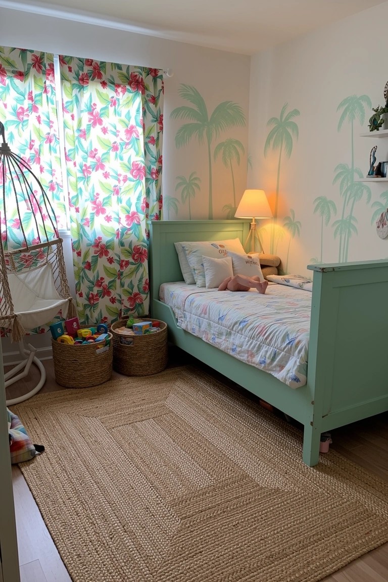Child's bedroom with tropical palm tree silhouettes on walls, mint green bed, floral curtains, wicker baskets, and hanging swing chair
