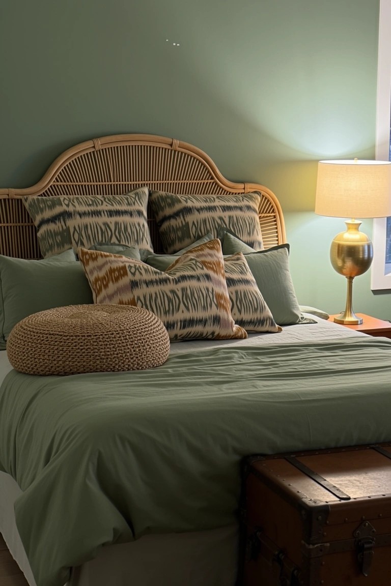 Bedroom featuring curved rattan headboard against sage green wall, with layered patterned pillows, green bedding, woven pouf, brass lamp, and trunk bench