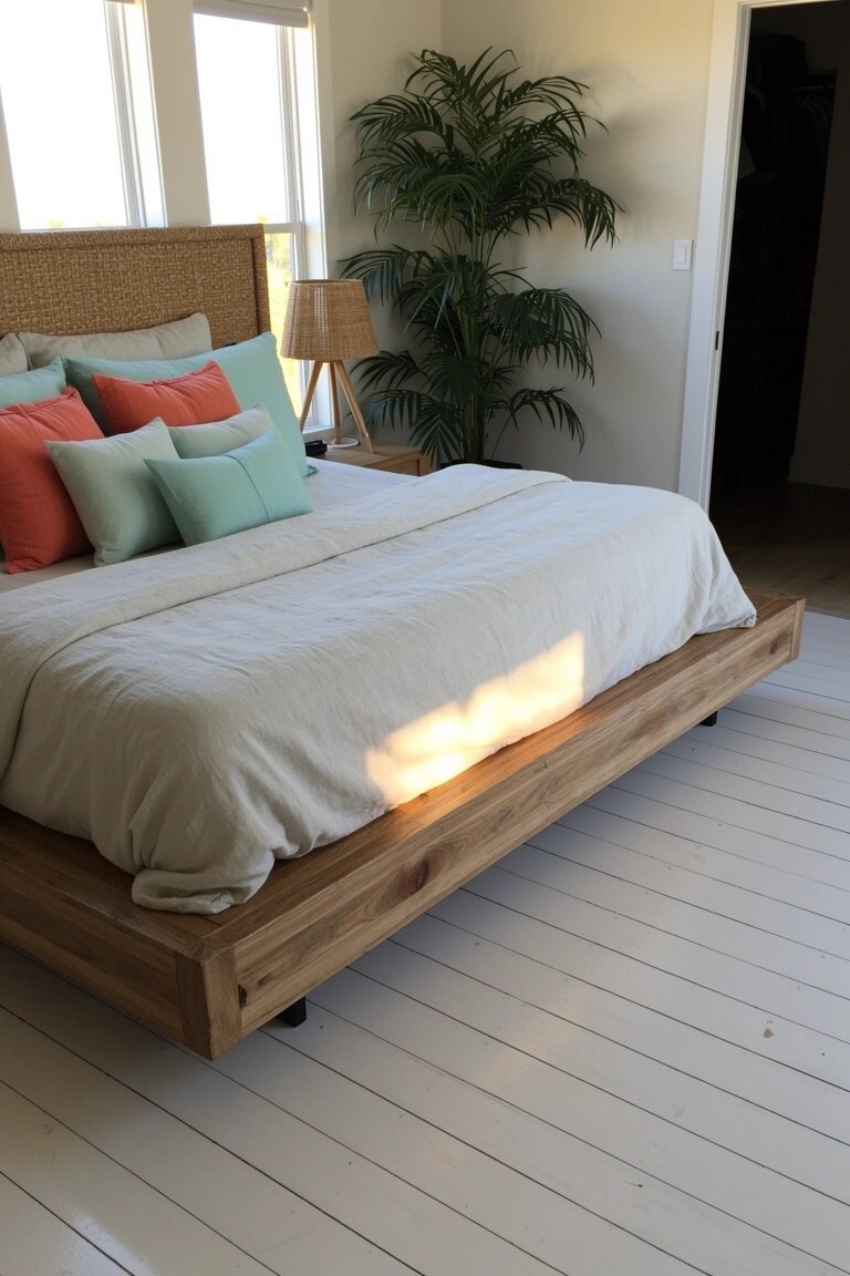 Bedroom with rattan headboard on light wood platform bed, pastel pillows, potted palm, and white floors