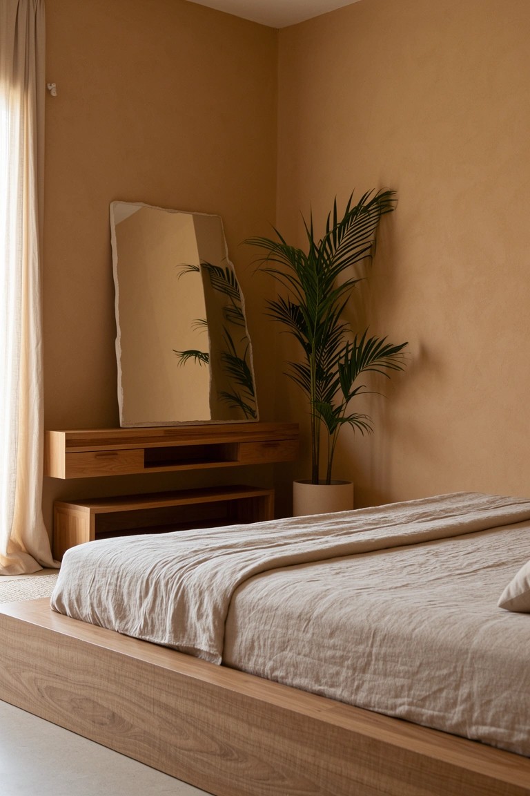 Bedroom corner with warm terracotta walls, wooden console table and mirror, tall potted palm plant, and low wooden platform bed with light linens