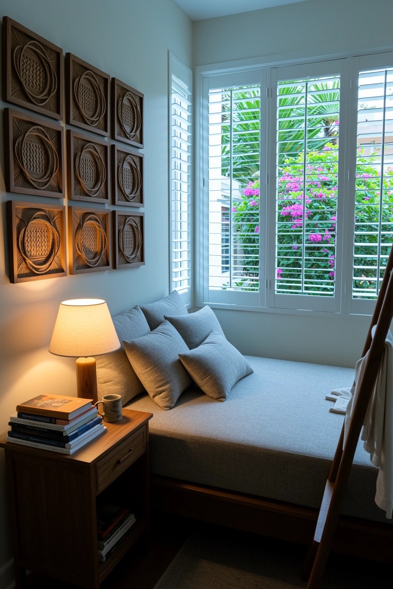 Bedroom with grid of nine woven rattan circles on wall above low platform bed, wooden nightstand with lamp, and white shutters framing green plants