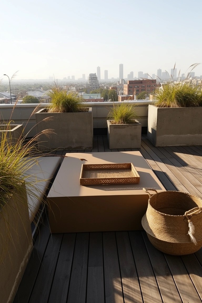 Rooftop deck with large concrete planters of tall grasses around low wooden seating and table, plus woven baskets
