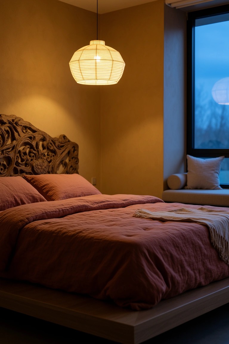Cozy bedroom with ochre walls, terracotta linens on a low wooden bed, rattan pendant lamp, and neutral pillows by a dark window
