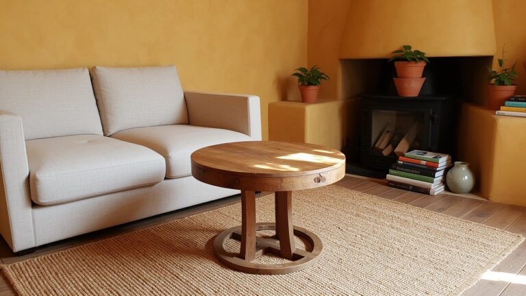 Cozy living room corner featuring a round rustic wooden coffee table on a seagrass rug, beige sofa against mustard yellow walls, potted plants, stacked books, and a brick fireplace.