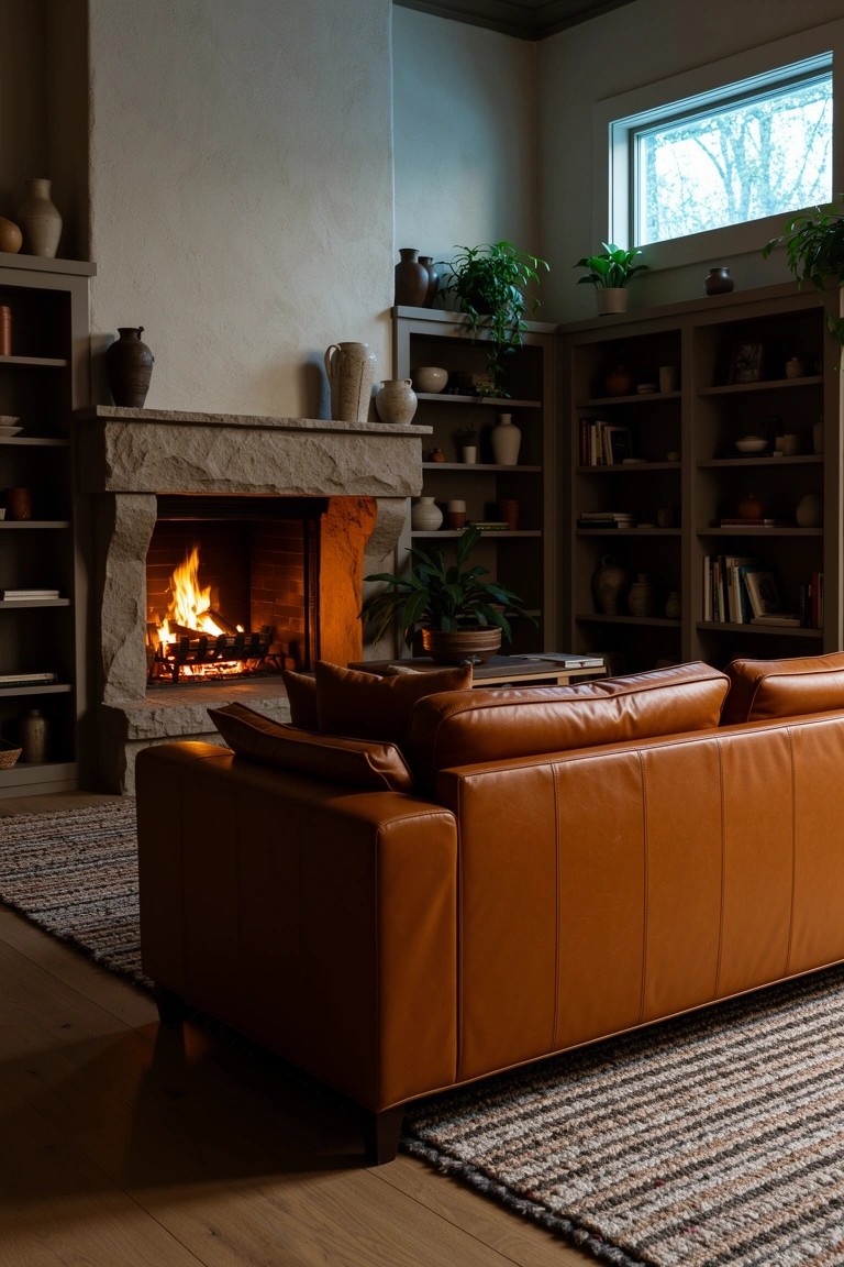 Stone fireplace with open bookshelves on both sides holding pottery, books, and plants, orange leather sofa in front on a neutral rug
