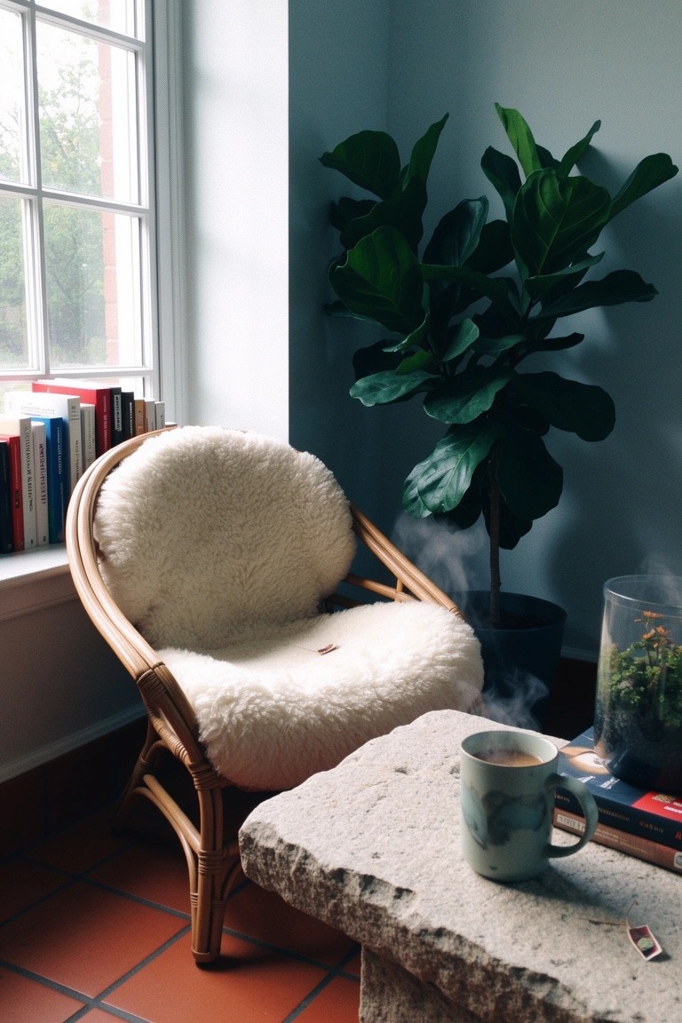 Rattan armchair with white sheepskin throw next to a window, stone side table with mug and books, fiddle leaf fig plant in a serene blue room