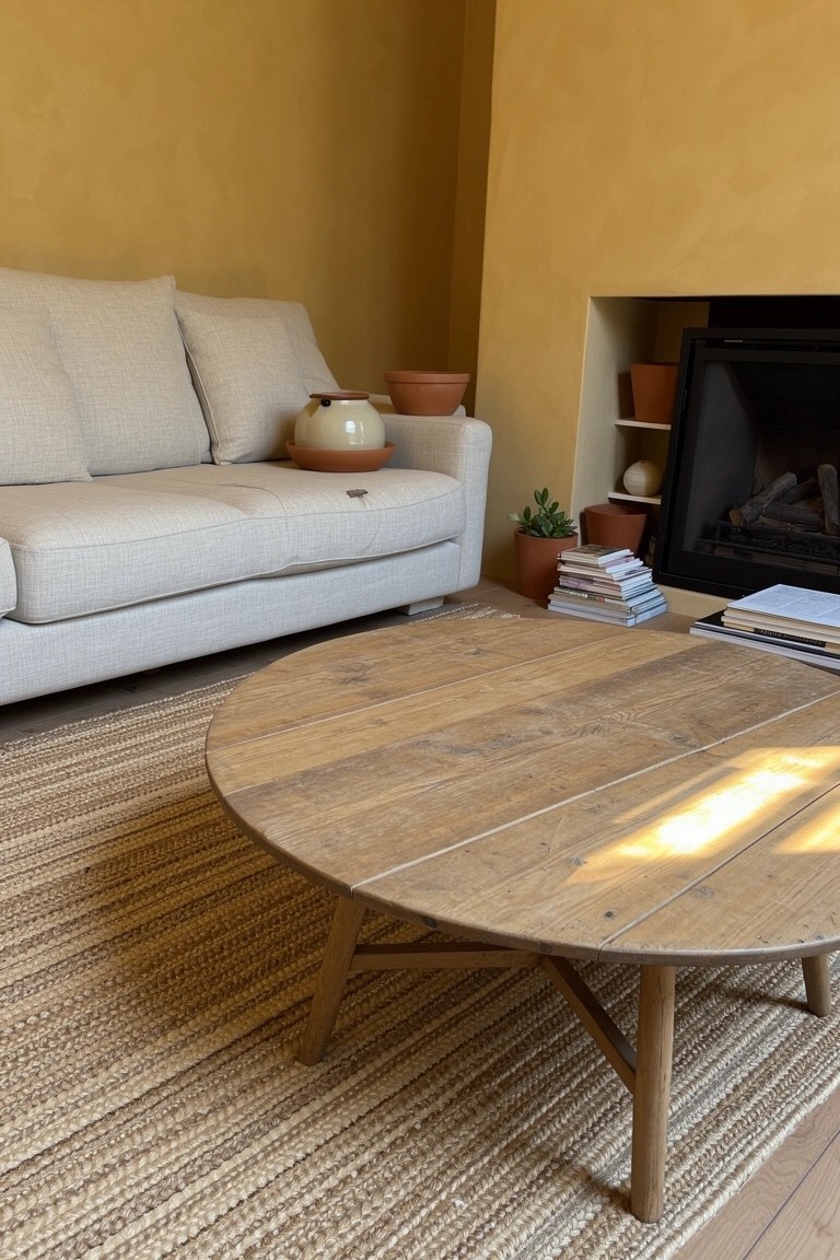 Cozy living room corner featuring a round rustic wooden coffee table on a seagrass rug, beige sofa against mustard yellow walls, potted plants, stacked books, and a brick fireplace.