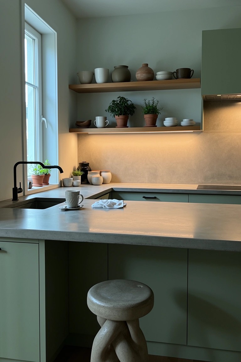 Sage green kitchen cabinets with concrete countertop, wooden stool, open shelves of pottery and potted herbs