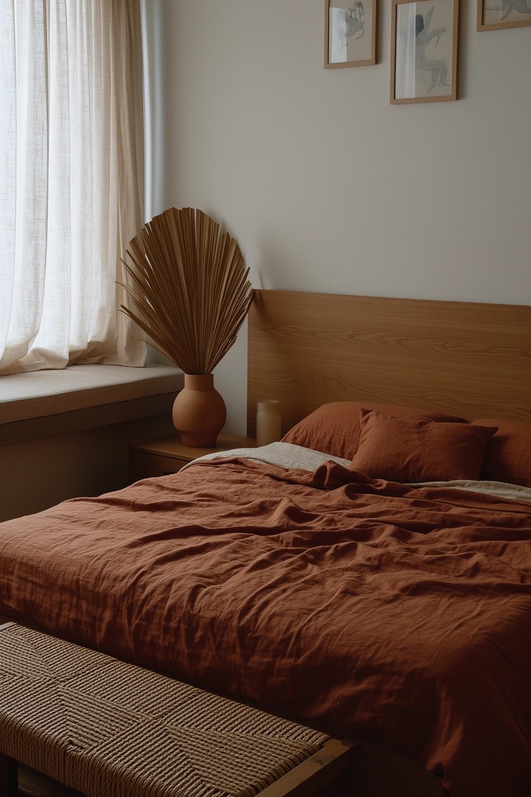 Bedroom corner with rumpled terracotta linen bedding on a wooden frame, rattan bench at the foot, potted palm leaf plant, and beige walls.