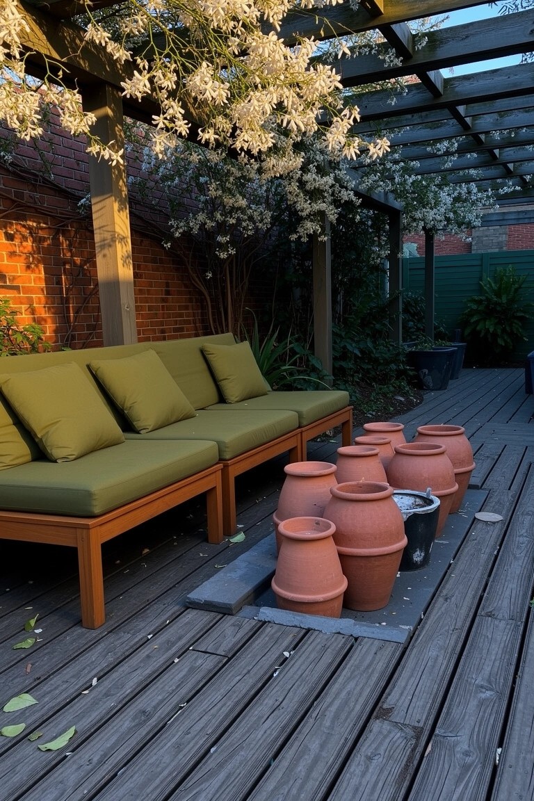 Wooden deck with green outdoor sofa and grouped terracotta pots under vine-covered pergola