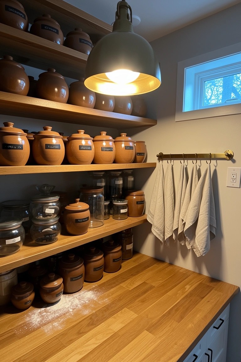 Labeled terracotta jars on wooden pantry shelves with hanging towels nearby