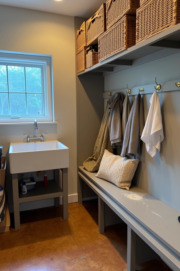 Mudroom with open wood shelves stacked with wicker baskets, coat hooks below, gray cushioned bench, and white utility sink on wood floor