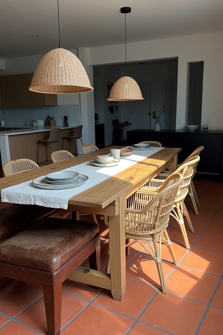 Wooden dining table with rattan chairs, white linen runner, and woven pendant lights in a bright open kitchen area on terracotta tiles