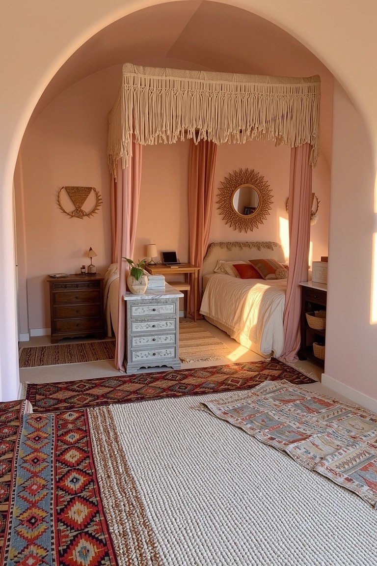 Boho bedroom with pink arched alcove holding a fringed canopy bed, wooden nightstands, and layered rugs