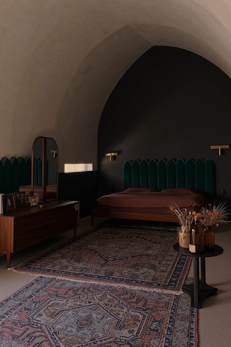 Boho bedroom featuring arched white plaster walls transitioning to a dark painted curve behind a green tufted headboard, wooden bed frame, dresser, and patterned rug