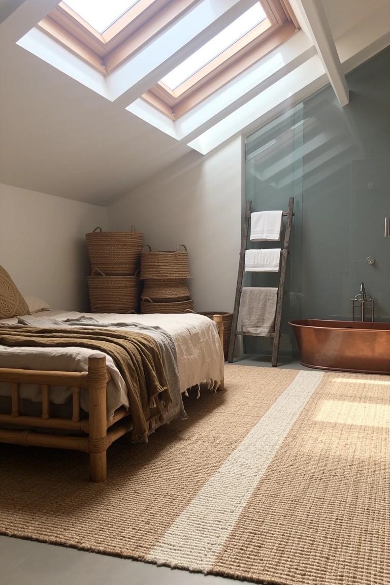 Cozy attic bedroom with skylights in sloped ceiling, bamboo bed frame, neutral linens, stacked seagrass baskets, and copper bathtub against teal wall