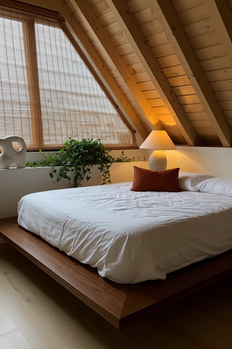 Cozy modern boho bedroom under sloped wooden ceiling with platform bed, white bedding, orange pillow, plants, and ceramic lamps
