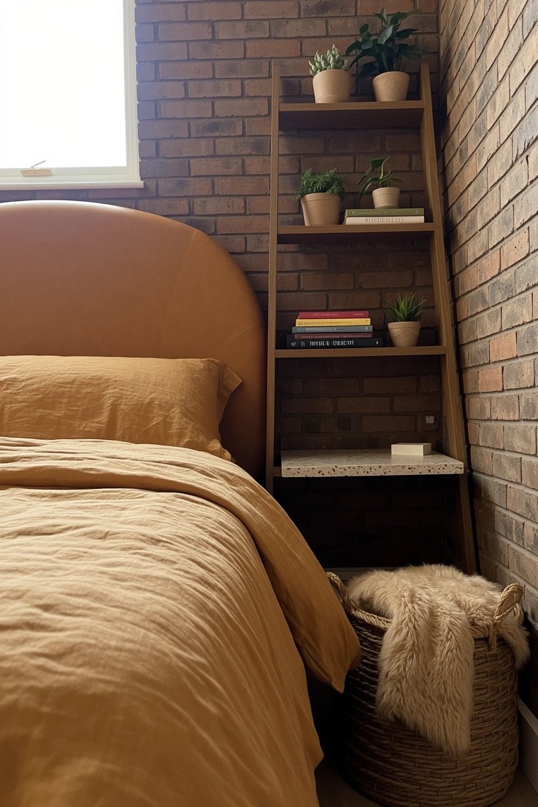 Cozy modern boho bedroom corner with exposed brick wall, wooden leaning ladder shelf holding plants and books, curved beige headboard bed with ochre linens, and bedside table