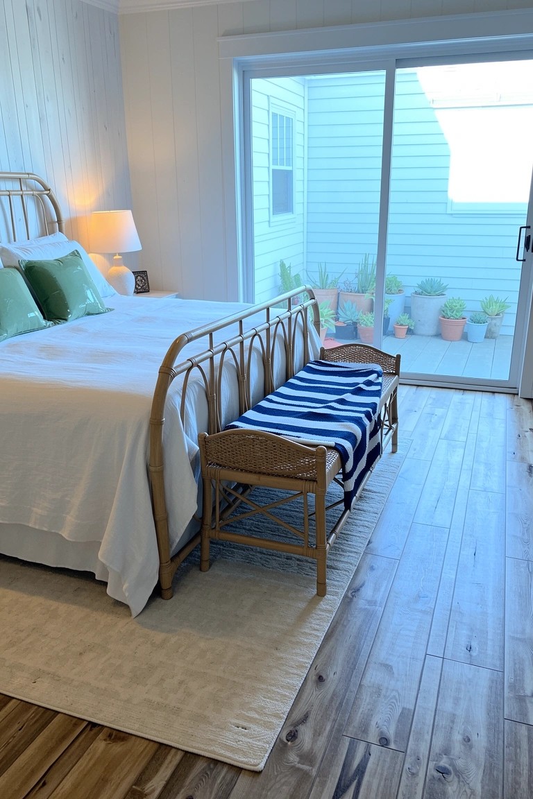 Bedroom with sliding glass doors to plant-filled patio, white iron bed frame, wicker bench at foot, and light wood floors