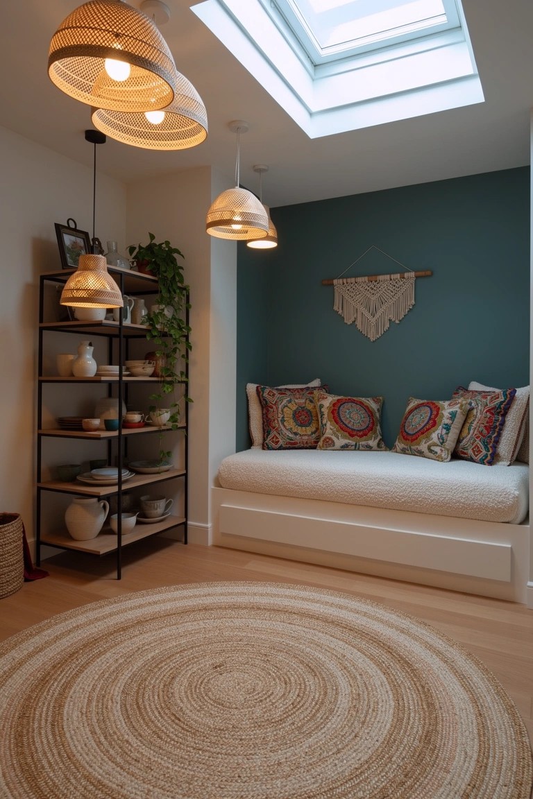 Modern boho bedroom nook with white built-in daybed piled with colorful pillows, flanked by black metal shelves holding plants and ceramics, rattan pendant lights, teal accent wall, and jute rug on wood floor