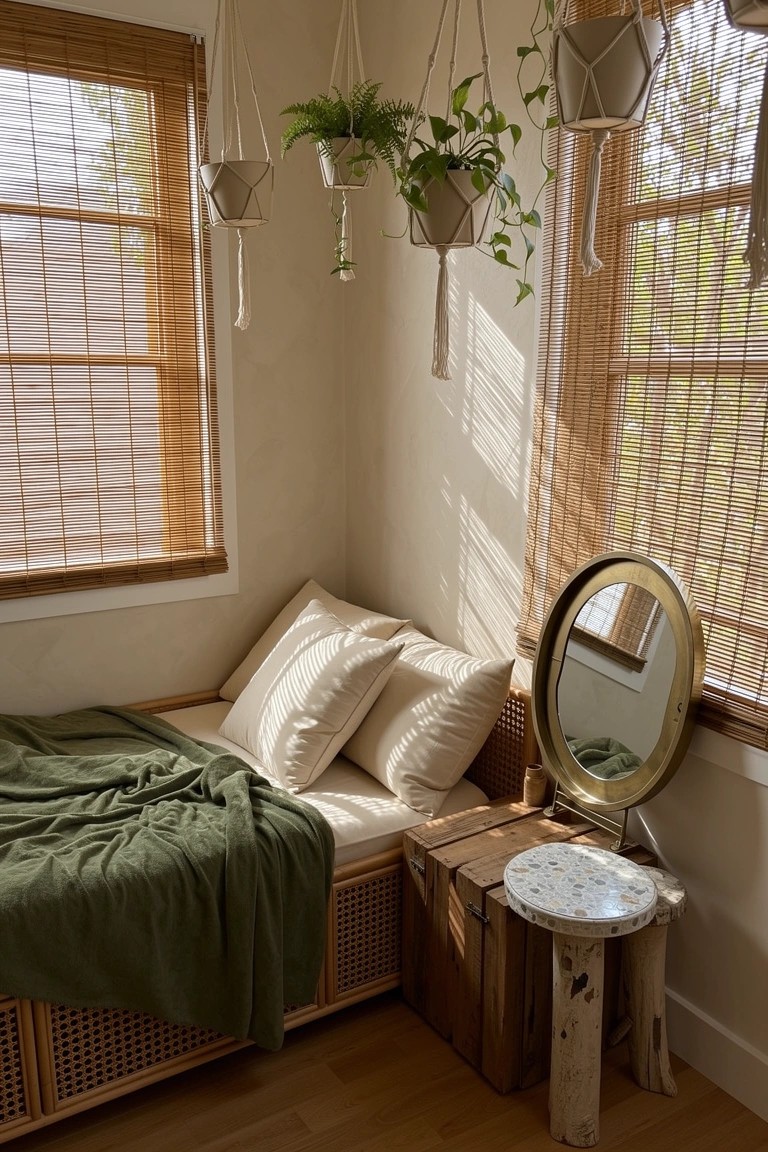 Cozy modern boho bedroom corner with low rattan platform bed, white pillows, green throw, hanging plants, and bamboo blinds filtering sunlight