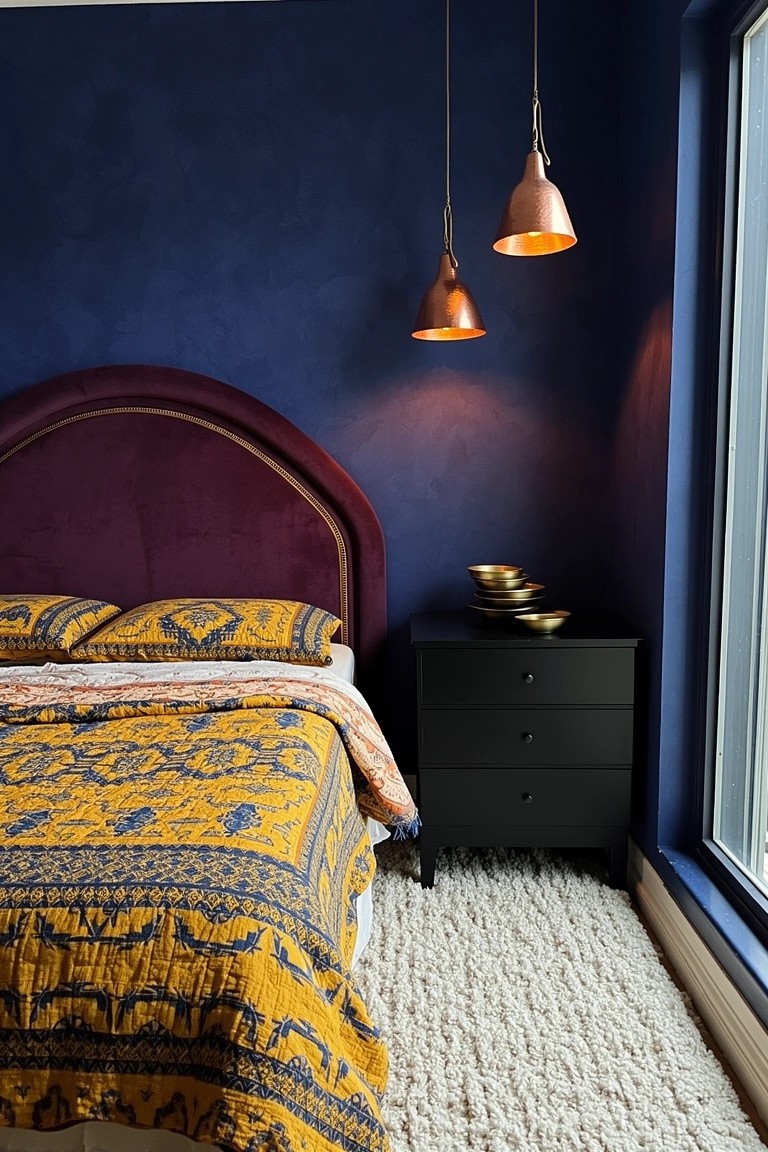 Modern boho bedroom with deep blue walls, mustard yellow patterned quilt and pillows on bed with purple upholstered headboard, black dresser holding brass bowls, copper pendant lights, and white shag rug.